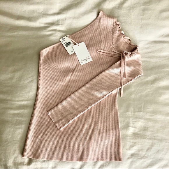 NEW! Scripted One Shoulder Lace-up Sweater, S - Picture 4 of 8